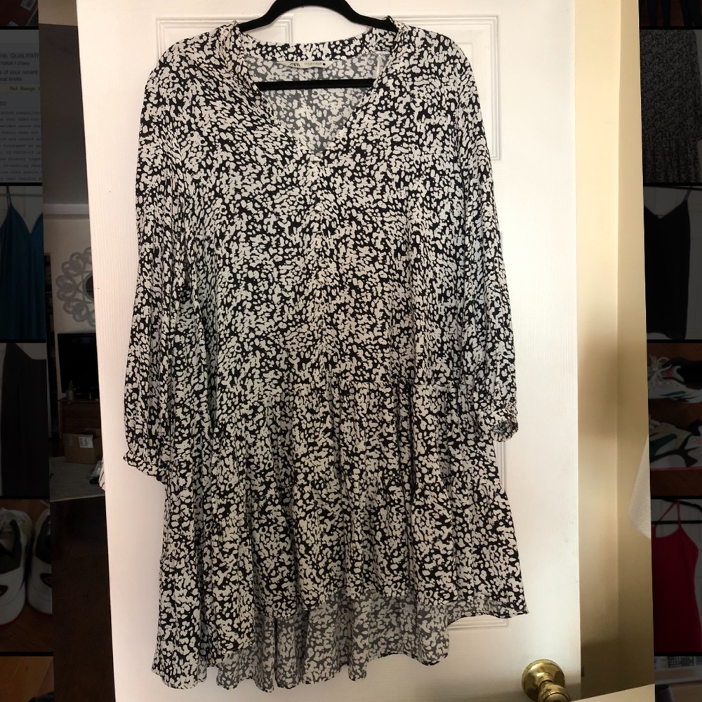 Zara Black pattern ruffle long sleeve dress
